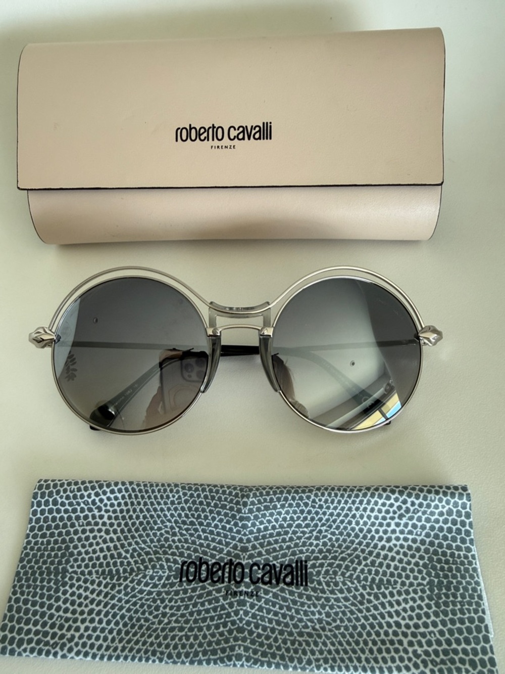 Roberto Cavalli Round Sunglasses Montalcino 1082 16C Silver Frames w/ Mirror